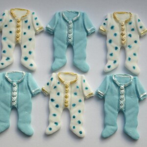 6x Fondant Baby Grow Cupcake Toppers – Blue & White Edible Decorations