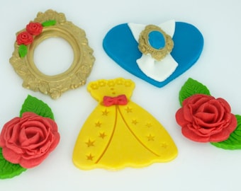 Beauty and The Beast Fondant Cupcake Toppers - Belle Cake Topper Wedding Birthday