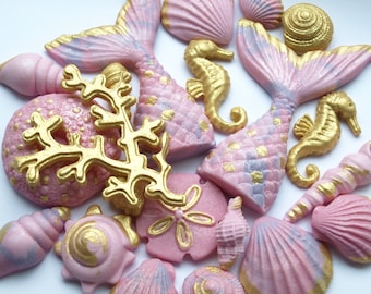 25x Edible Mermaid Tail, Seashells, Seahorse Under the sea Fondant Cake Topper Decoration