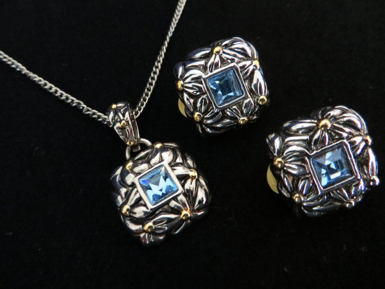 lovely signed designer Premier USA Blue Topaz and Daisy Design silver tone Necklace and Clip Earring set