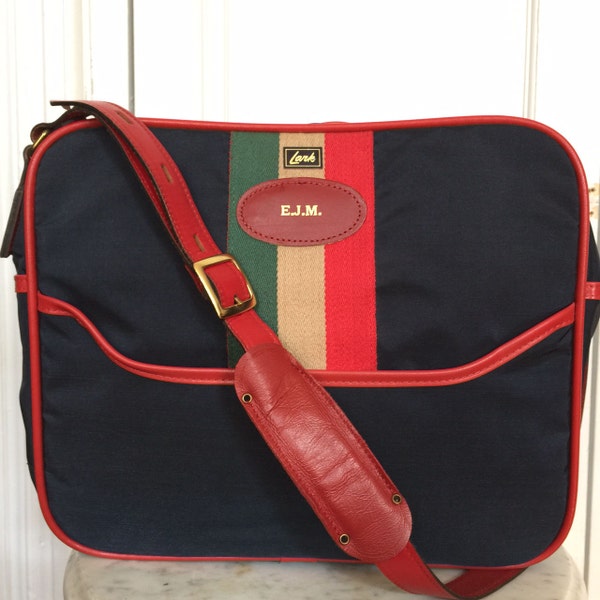 RESERED FOR ALICE! 1960's Lark Red Blue Travel Bag,Shoulder Messenger Bag,Navy Luggage,Leather Canvas Suitcase,Red Travel Tote,Overnight Bag