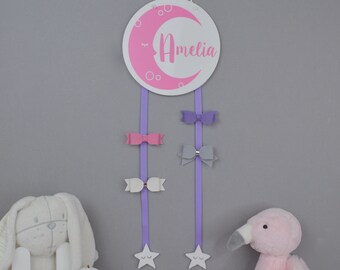 Girls Hair Bows Hanger - Moon and Stars - Colourful - Personalised Cloud Hair Clip Holder - TWO Ribbons
