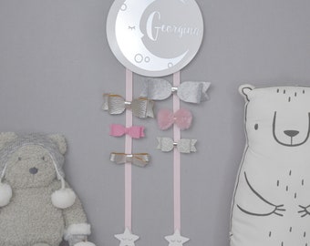 Girls Hair Bows Hanger - Moon and Stars - Personalised Modern Hair Clip Holder - TWO Ribbons