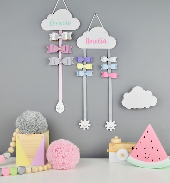 Urbalabs Cloud Rainbow Girls Bow Holder 12 inch Wooden Hairbow Holder Organizer Hairpins Bow Storage Hanger Wood Hair Storage Wall Hanger for Little