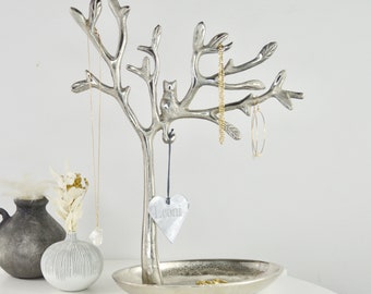 Albero Portagioie In Alluminio 36 Cm - Design Rami, Argento Opaco, Fatto A Mano, Per Anelli, Collane, Bracciali