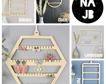 Organizador minimalista de joyas y soporte para pendientes - Madera ecológica - Ante vegano - 5 diseños