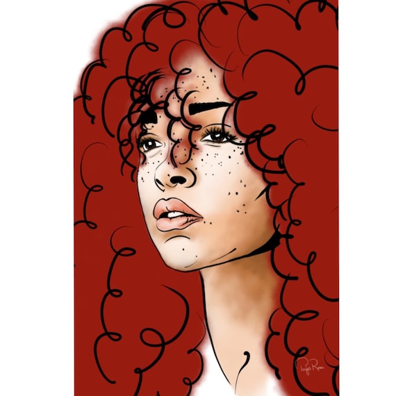 pics How To Draw Wavy Hair Digitally digital art woman airbrush portrait red curly hair bold etsy