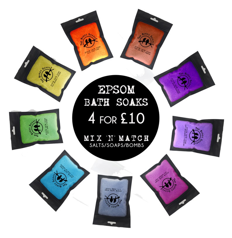 May include: A variety pack of bath soaks in different colors and scents. The package says "Epsom Bath Soaks 4 for &pound;10 Mix 'n' Match Salts/Soaps/Bombs".