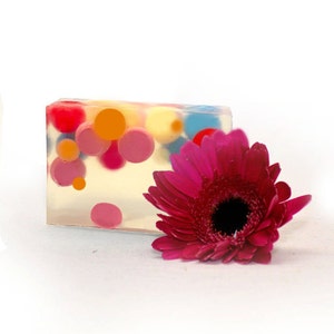 Peut inclure: Une barre de savon transparente avec des cercles color&eacute;s int&eacute;gr&eacute;s. Le savon est &agrave; c&ocirc;t&eacute; d'une gerbera rose.
