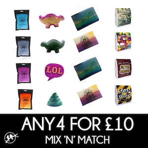 May include: A selection of 10 handmade soap bars and bath products, including dinosaur-shaped bath toys, a soap bar shaped like a Loch Ness Monster, and a soap bar with the words "Soap Dodger" on it. The text "ANY 4 FOR £10 MIX 'N' MATCH" is at the bottom of the image.