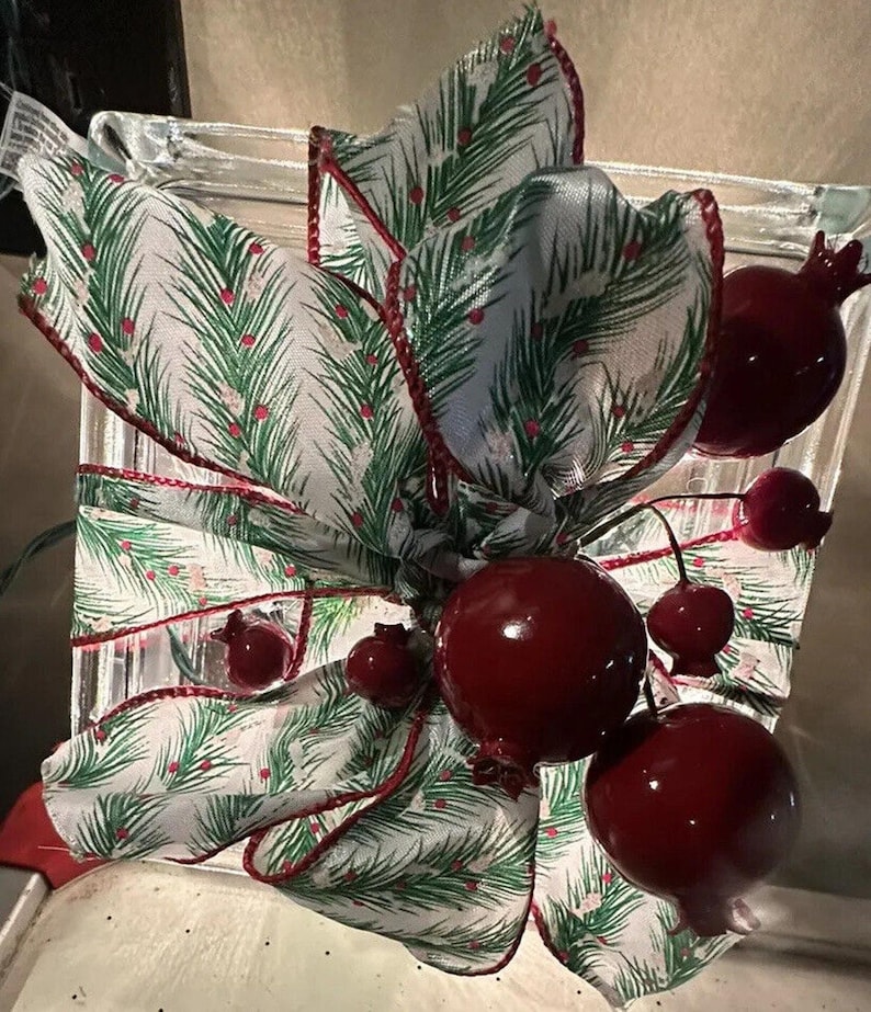 Glass Block White Lights Inside Red Green Berry Decoration Mantel Tabletop 8 Etsy