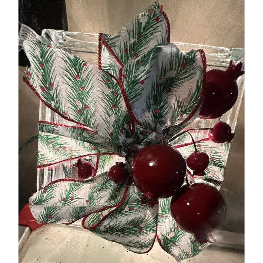 Glass Block White Lights Inside Red Green Berry Decoration Mantel