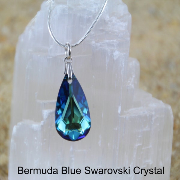 Swarovski Teardrop Crystal Pendant on Sterling Silver Snake Chain Necklace