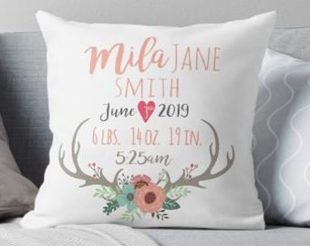 Girl Birth Stat Pillow with Deer Antlers and Floral Design - Personalized Baby Pillow - Baby Gift - Girl Nursery Decor