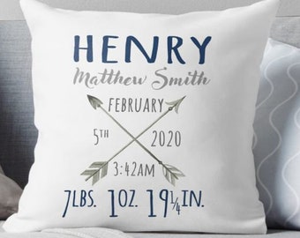 Arrow Baby Boy Birth Stat Pillow - Personalized Baby Pillow - Baby Gift - Boy Nursery Decor - Navy Blue - Gray