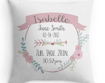 Birth Announcement Pillow - Personalized Baby Pillow - Baby Gift - Girl Nursery Decor - Purple