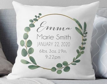 Leaf Wreath Birth Stat Pillow - Personalized Baby Pillow - Baby Gift - Girl Nursery Decor