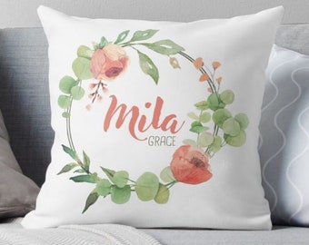 Personalized Floral Name Pillow - Nursery Decor - Girls Room Decor - Kids Room Decor - Baby Gift