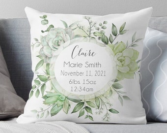 Succulent Wreath Birth Stat Pillow - Personalized Baby Pillow - Baby Gift - Girl Nursery Decor