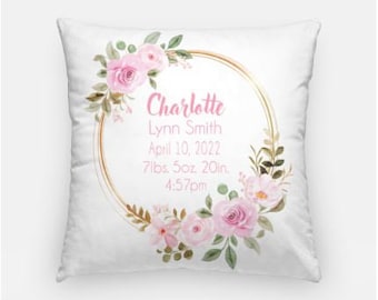 Pink Floral Birth Stat Pillow - Personalized Baby Pillow - Baby Gift - Girl Nursery Decor