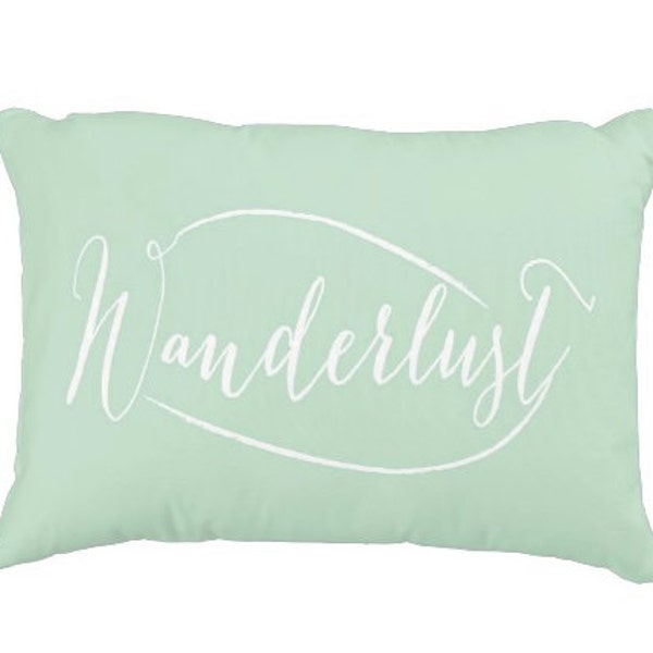 16"x12" Mint Wanderlust Decorative Pillow Cover, Typography, Couch Lumbar Pillow, Accent Pillow