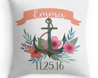Personalized Pillow - Nautical Birth Pillow - Anchor - Baby Name Pillow - Baby Gift - Baby Girl