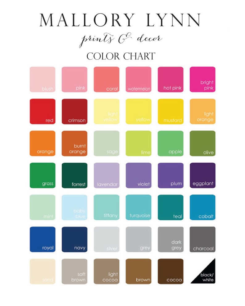 May include: A color chart by Mallory Lynn Prints & Decor featuring a grid of forty-one rounded squares. Each square displays a unique color with its corresponding name printed in white or black text, ranging from blush and pink to brown and black.