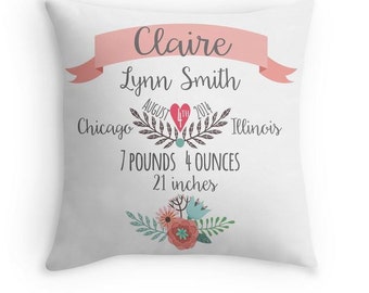 May include: A white square throw pillow featuring a pink banner with the name Claire Lynn Smith in gray text. Below, a red heart displays August 4th 2014, Chicago, Illinois, 7 pounds 4 ounces, and 21 inches, finished with a floral graphic at the base.
