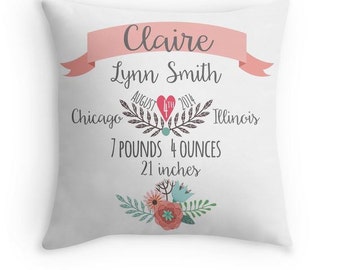 Birth Announcement Pillow - Personalized Baby Pillow - Baby Gift - Girl Nursery Decor -Pink