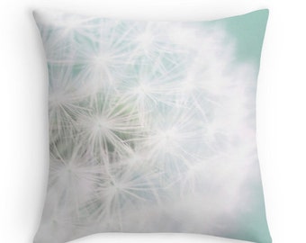 Dandelion Pillow, Decorative Pillow, Aqua, Throw Pillow Cover, Dreamy Nature Photography, 16x16, 18x18, 20x20