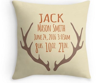 Antler Birth Announcement Pillow - Personalized Baby Pillow - Baby Gift - Boy Nursery Decor