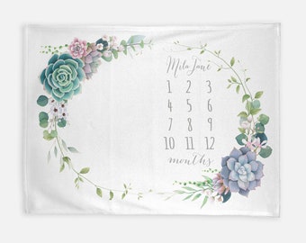 Floral Baby Girl Milestone Blanket - Succulent Wreath - Personalized Baby Girl Blanket - Blanket to grow with - Baby Shower Gift - Newborn