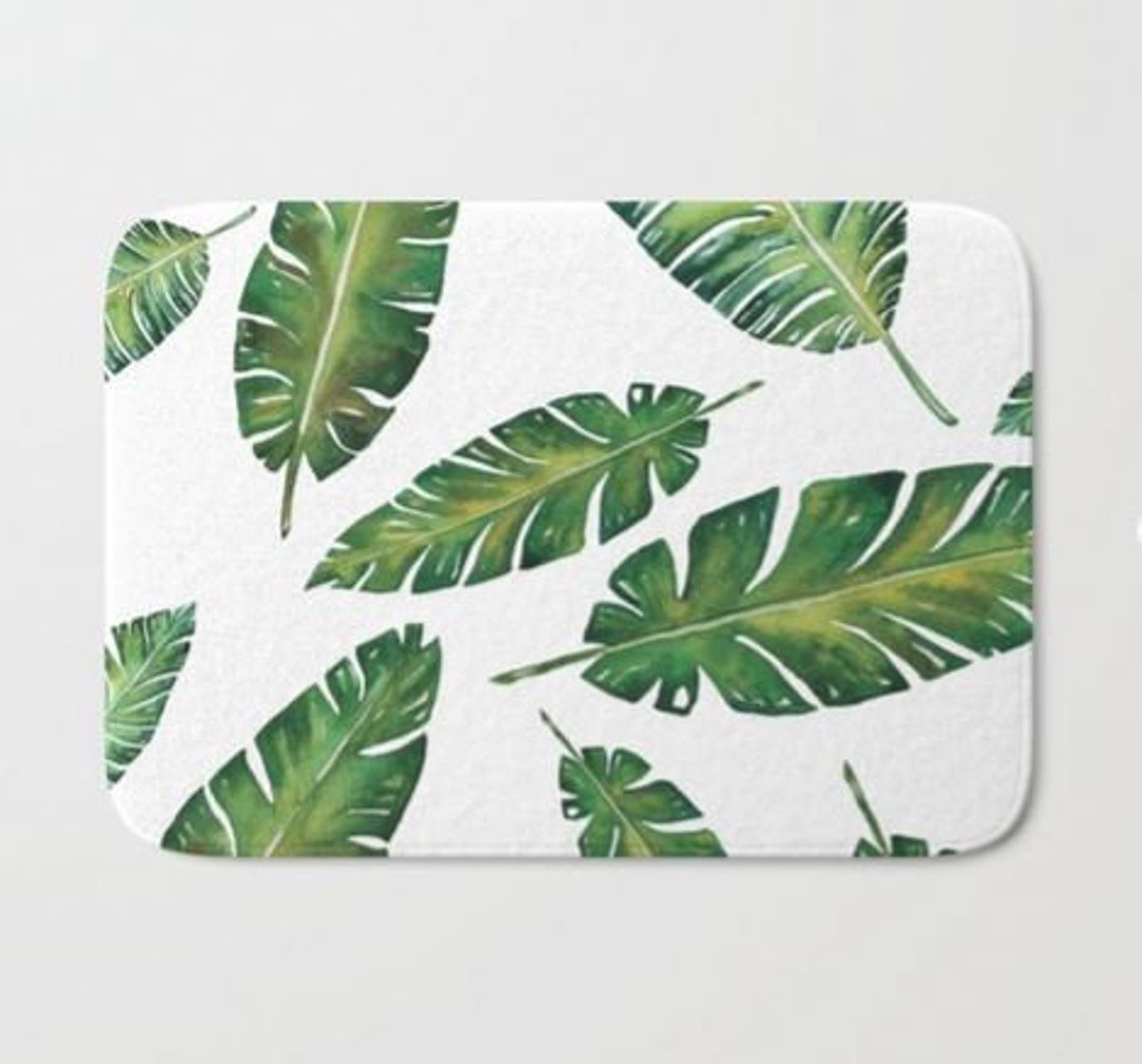 Palm Leaves Bath Mat, Tropical Bath Decor, Green, Modern Bath Decor