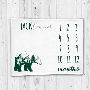 Woodland Bear Baby Milestone Blanket - Baby Boy Month Blanket - Monthly Photo Prop - Baby Shower Gift