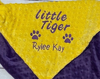 Personalized Baby Blanket | Little Tiger | Handmade Baby Gift | Purple and Gold Minky | Paw Prints  | Read About Sizes in Description