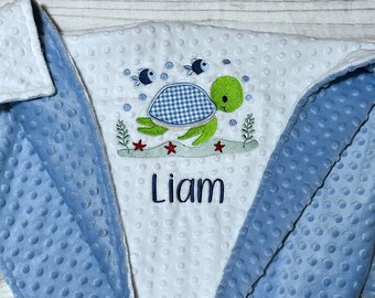 Personalized Sea Turtle Minky Baby Blanket | Embroidered Ocean Nursery Decor | Turtles and Fish Embroidery
