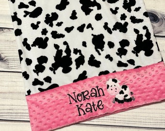 Personalized Minky Standard Pillowcase | Cow Print | Handmade Gift | Embroidered Cow |  Kids Birthday Present | Children's Bedding