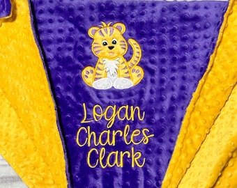 Tiger Personalized Baby Blanket | Purple & Gold | Handmade Baby Gift | Baby Shower Present | Little Tiger Fan | Lovey and Newborn Size