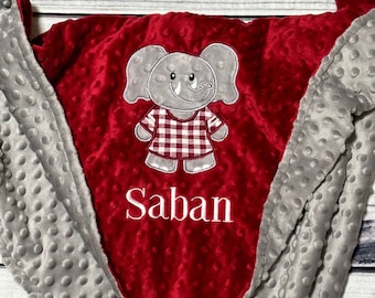 Personalized Elephant Baby Blanket | Crimson & Gray Minky | Handmade Baby Gift | Baby Bedding | Newborn Blanket