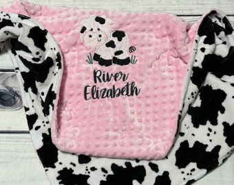 Personalized Cow Baby Girl Blanket | Handmade Baby Gift | Choose your colors | Baby Shower Present | Farm Animal