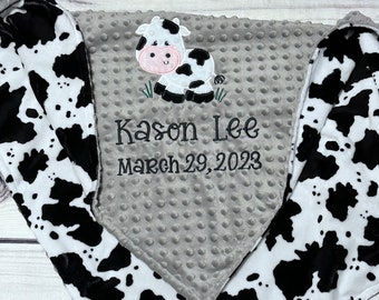 Personalized Minky Cow Print Baby Blanket | Handmade Baby Gift | New Baby |  Cuddle Minky Dot Fabric