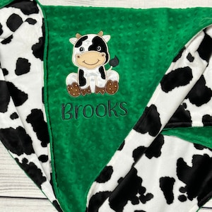 Personalized Cow Baby Blanket Handmade Baby Gift Choose your colors Nursery Bedding Cow print Cow Embroidery Design image 2