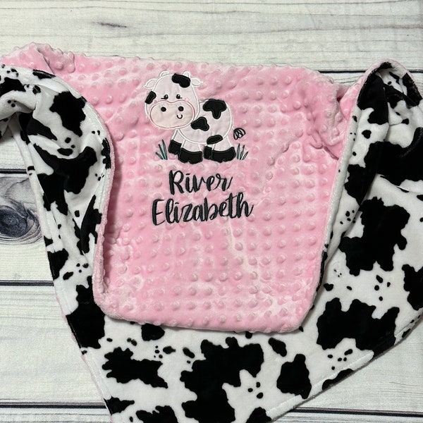 Personalized Cow Baby Girl Blanket | Handmade Baby Gift | Choose your colors | Baby Shower Present | Farm Animal