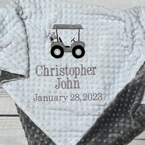 Personalized Golf Baby Blanket Handmade Baby Gift Baby Birthdate Golf Cart Embroidery New Baby Golf Bedding image 1