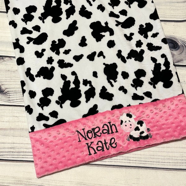 Personalized Minky Standard Pillowcase | Cow Print | Handmade Gift | Embroidered Cow |  Kids Birthday Present | Children's Bedding