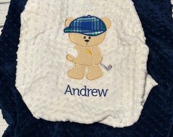 Personalized Golf Baby Blanket | Handmade Baby Gift | Golfing Bear Blanket | Baby Bedding | For the Golfer | Baby Shower | Newborn