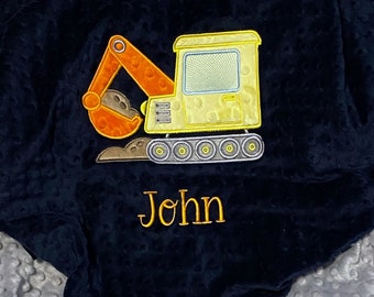 Personalized Baby Blanket with Excavator | Handmade Baby Gift | Construction Zone Crib Bedding | New Baby | Heavy Equipment Embroidery