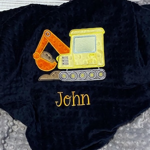 Personalized Baby Blanket with Excavator | Handmade Baby Gift | Construction Zone Crib Bedding | New Baby | Heavy Equipment Embroidery