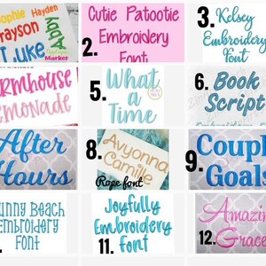 May include: A collection of embroidery fonts and text samples, including names and phrases like "Sophie," "Grayson," "After Hours," and "Couple Goals." The text is displayed in various colors and styles, showcasing different font options.