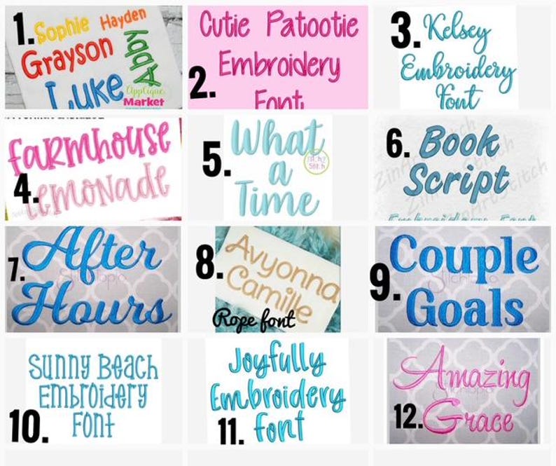 May include: A collection of embroidery fonts and text samples, including names and phrases like "Sophie," "Grayson," "After Hours," and "Couple Goals." The text is displayed in various colors and styles, showcasing different font options.